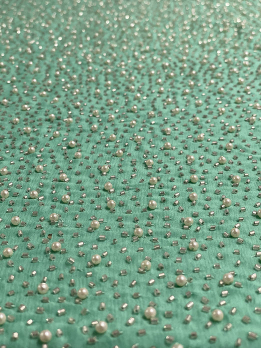 Biscay Green Sequin & Beads On Silk Chiffon JEC-011-25 Fabric