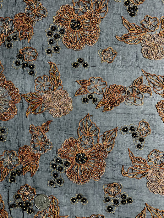 Black Tan Brown Sequin & Beads On Silk Chiffon JEC-022 Fabric