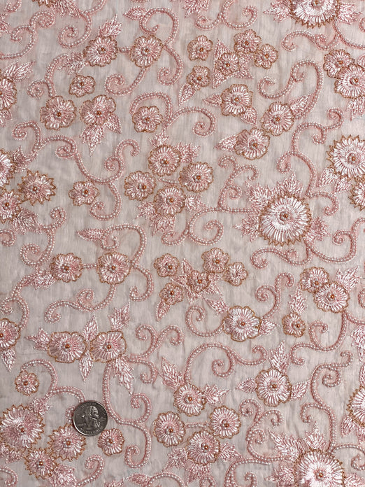 Pink Sequin & Beads On Silk Chiffon JEC-030-2 Fabric