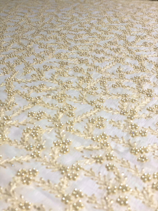 Cream Yellow Sequin & Beads On Silk Chiffon JEC-051-10 Fabric