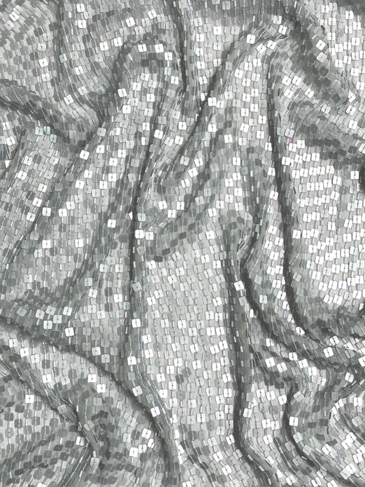 Matte Silver Sequin & Beads On Silk Chiffon JEC-073-6 Fabric