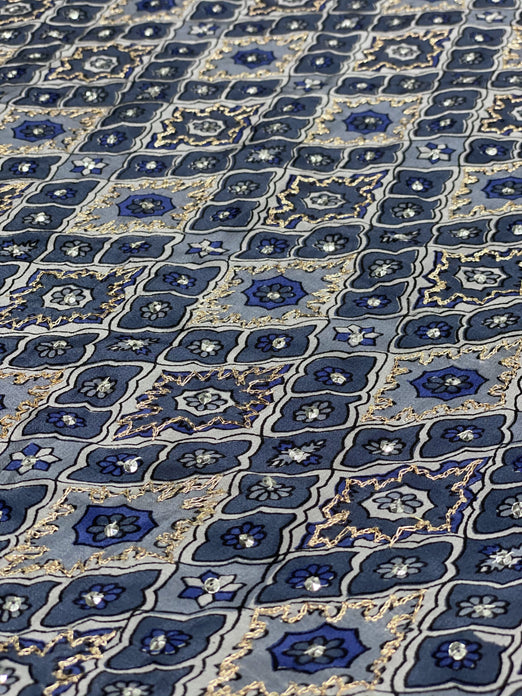 Blue Sequin & Beads On Silk Chiffon JEC-083-2 Fabric