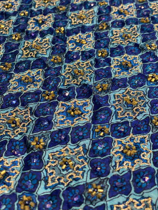 Blue Sequin & Beads On Silk Chiffon JEC-084-7 Fabric