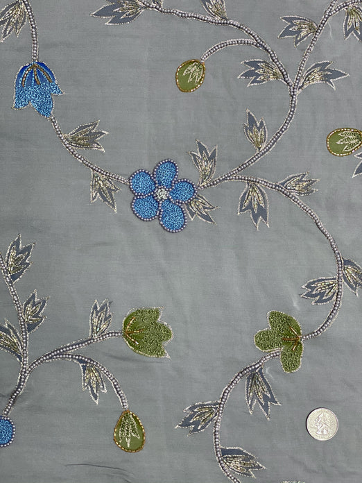 Storm Gray Sequin & Beads On Silk Chiffon JEC-101-7 Fabric
