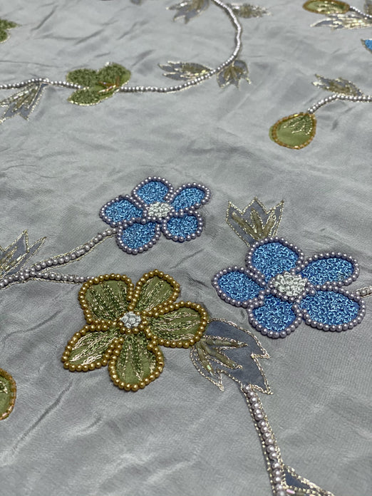 Storm Gray Sequin & Beads On Silk Chiffon JEC-101-7 Fabric