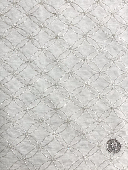 White Sequin & Beads On Silk Chiffon JEC-102-10 Fabric