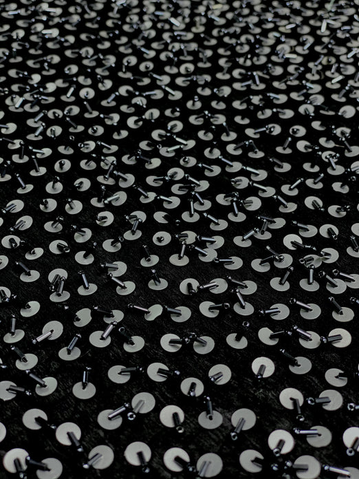 Black Silver Sequin & Beads On Silk Chiffon JEC-105-1 Fabric