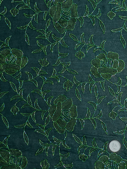 Green Sequin & Beads On Silk Chiffon JEC-113-7 Fabric
