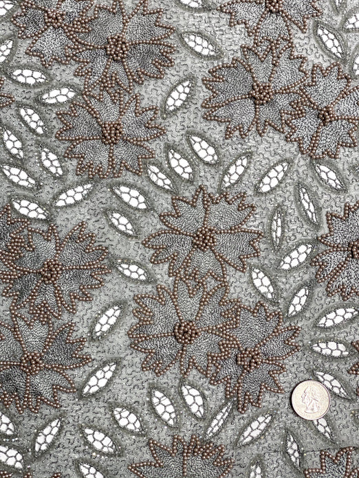 Silver Sequin & Beads On Silk Chiffon JEC-114-4 Fabric