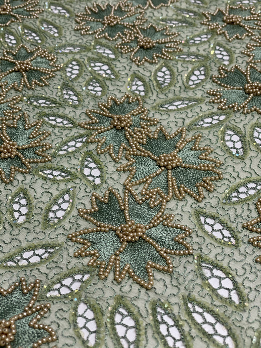 Menthol Green Sequin & Beads On Silk Chiffon JEC-114-7 Fabric