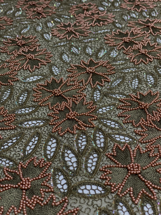 Olive Sequin & Beads On Silk Chiffon JEC-114-9 Fabric