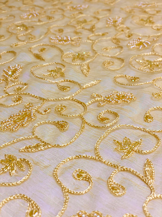 Yellow Sequin & Beads On Silk Chiffon JEC-126-10 Fabric