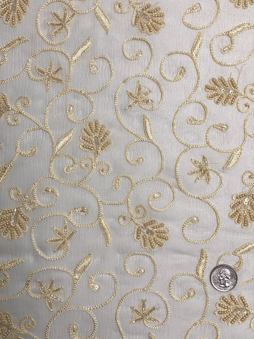 Cream Sequin & Beads On Silk Chiffon JEC-126-1 Fabric