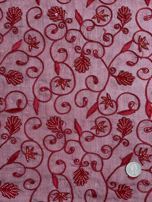 Red Sequin & Beads On Silk Chiffon JEC-126-3 Fabric