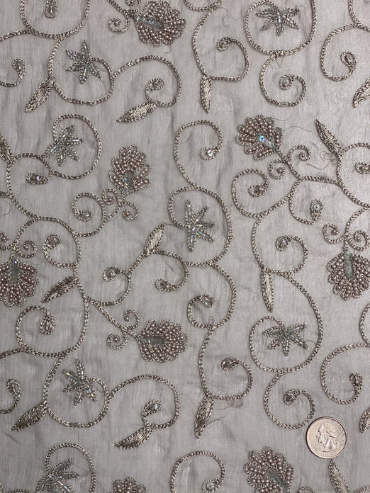 Gray Sequin & Beads On Silk Chiffon JEC-126-9 Fabric
