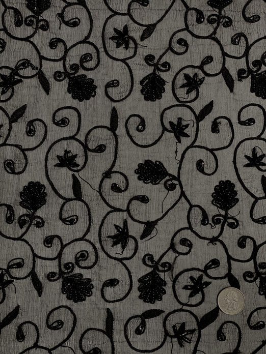 Black Sequin & Beads On Silk Chiffon JEC-126 Fabric