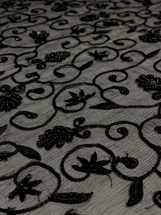 Black Sequin & Beads On Silk Chiffon JEC-126 Fabric