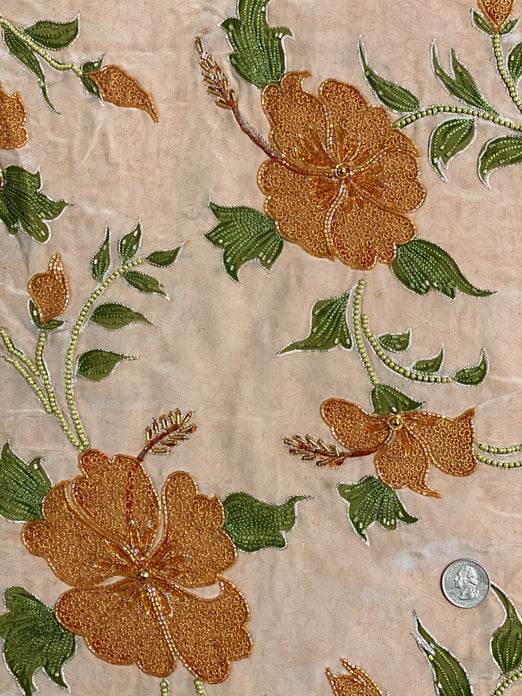 Peach Sequin & Beads On Silk Chiffon JEC-128 Fabric