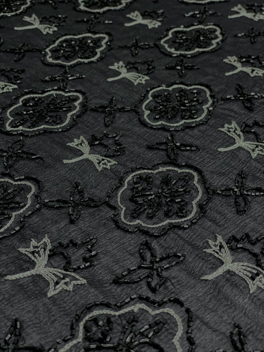 Black Sequin & Beads On Silk Chiffon JEC-130 Fabric