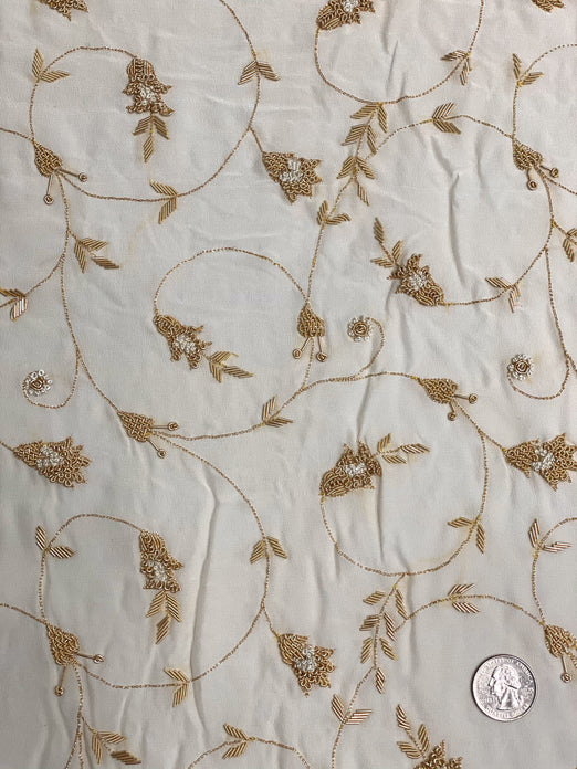 Cream Sequin & Beads On Silk Chiffon JEC-138 Fabric