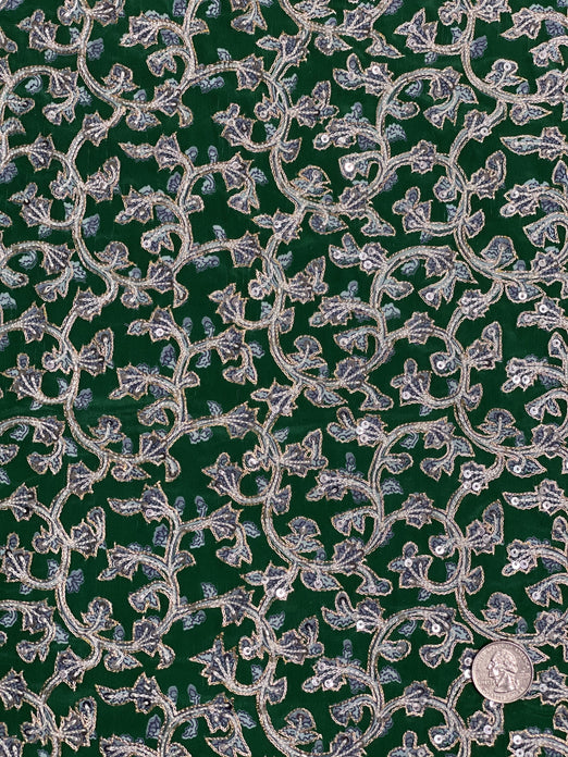 Green Sequin & Beads On Silk Chiffon JEC-145/2 Fabric