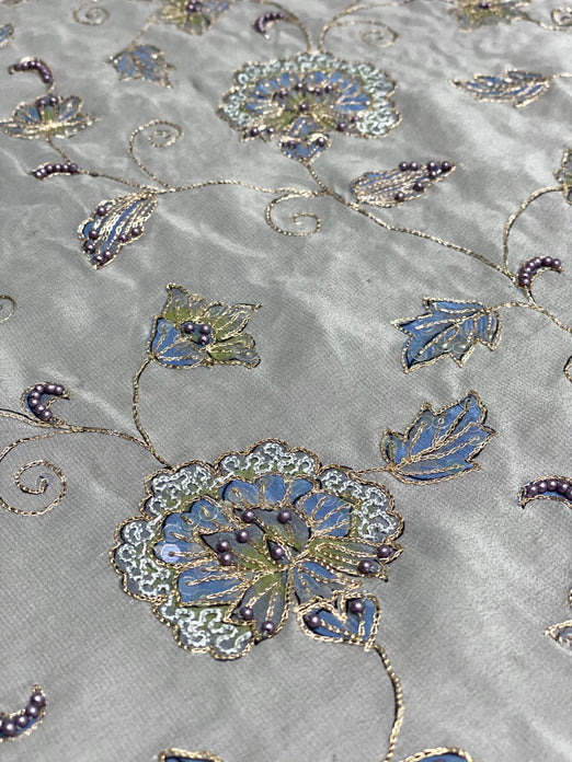 Grey Sequin & Beads On Silk Chiffon JEC-147/2 Fabric