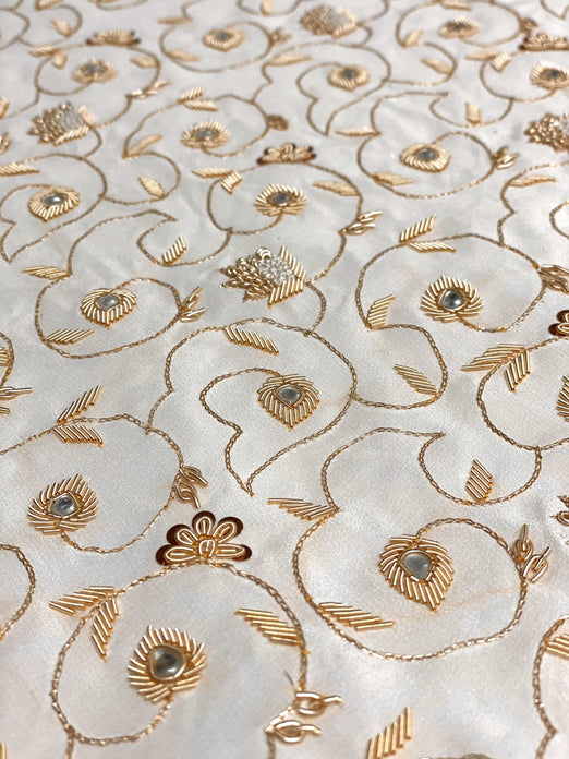 Light Cream Sequin & Beads On Silk Chiffon JEC-156 Fabric