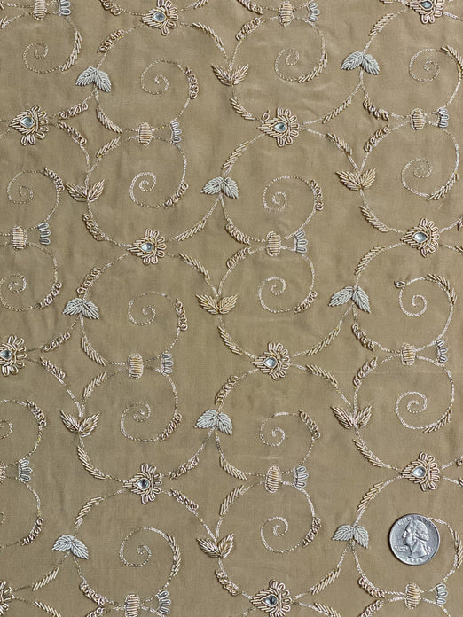 Sand Cream Sequin & Beads on Silk Chiffon JEC-157 Fabric