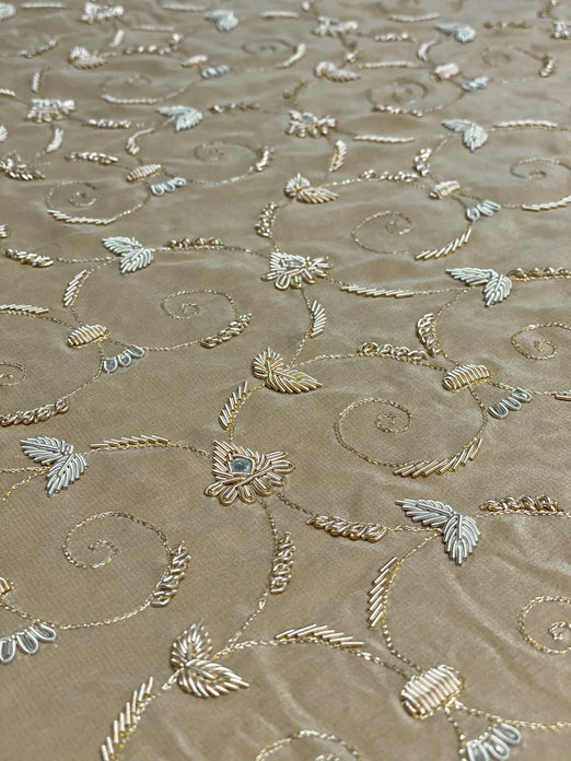 Sand Cream Sequin & Beads on Silk Chiffon JEC-157 Fabric