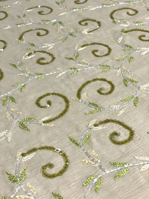 Khaki Sequin & Beads on Silk Chiffon JEC-159-1 Fabric