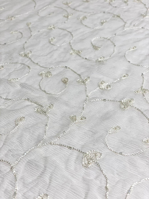 White Sequin & Beads on Silk Chiffon JEC-164-13 Fabric