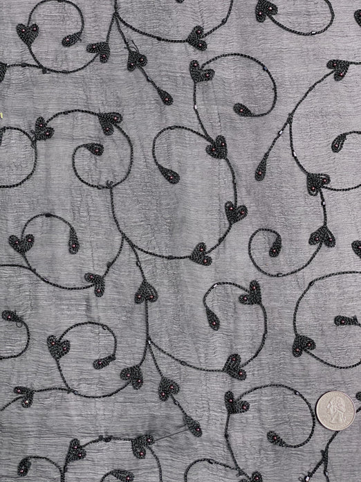 Dark Slate Sequin & Beads on Silk Chiffon JEC-164-1 Fabric