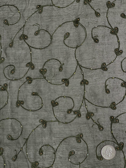 Olive Green Sequin & Beads on Silk Chiffon JEC-164-5 Fabric