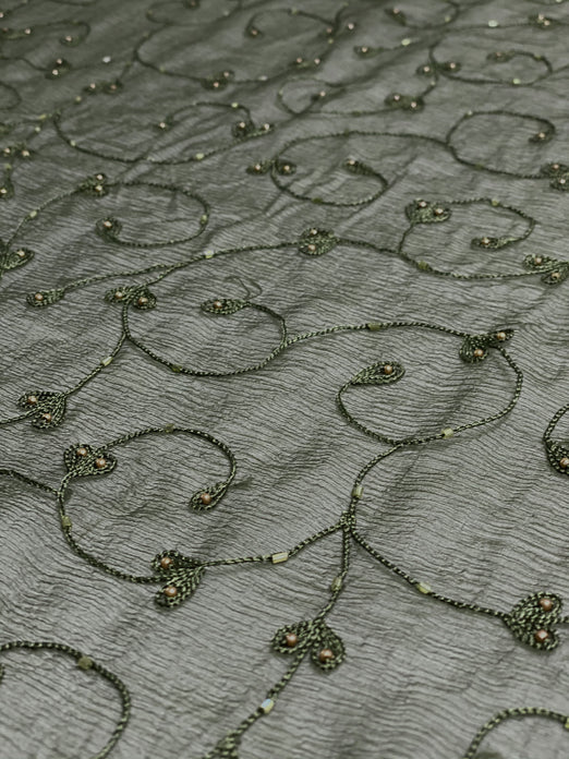 Olive Green Sequin & Beads on Silk Chiffon JEC-164-5 Fabric