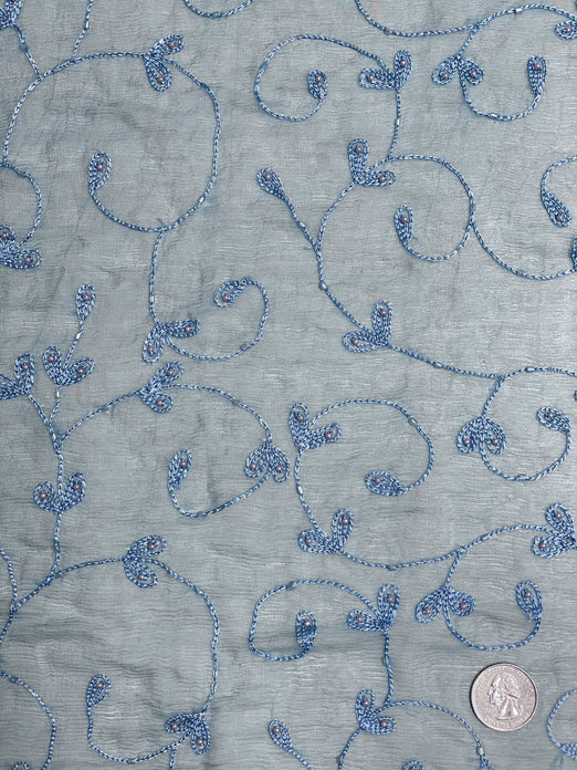 Sea Blue Sequin & Beads on Silk Chiffon JEC-164-6 Fabric