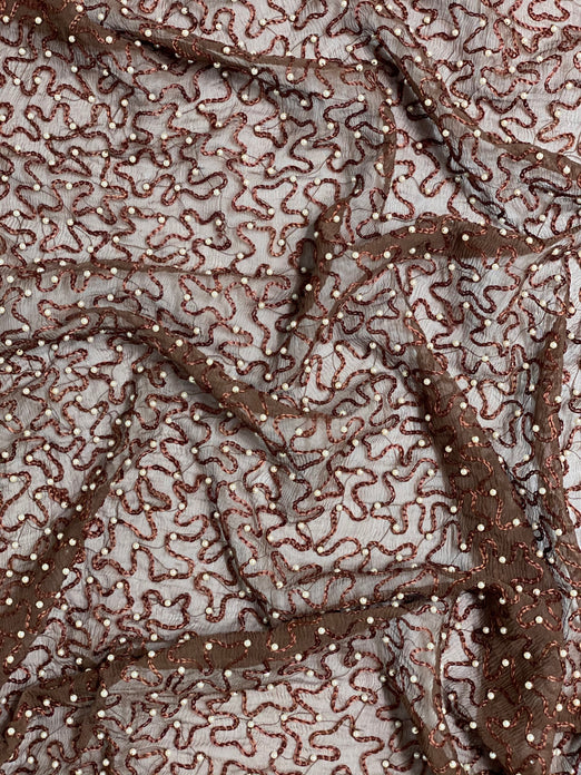 Chocolate Sequin & Beads On Silk Chiffon JEC-070-9 Fabric