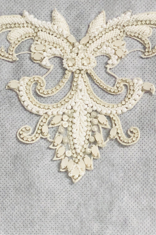Ivory/Beige Hand Beaded Applique MOTIF-105/1 Fabric By The Yard