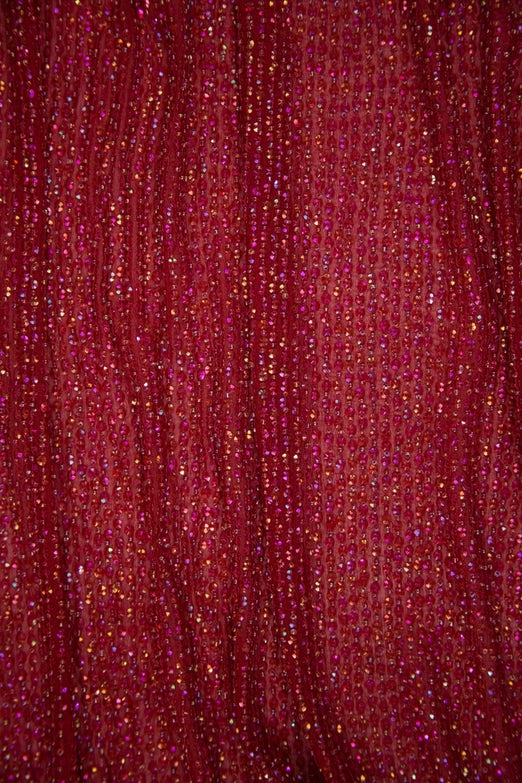 Red Sequins & Beads on Silk Chiffon Fabric