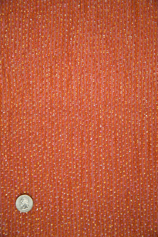 Red Orange Sequins & Beads on Silk Chiffon Fabric