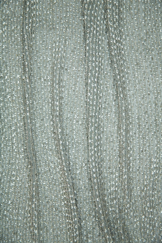 Matte Silver Sequins & Beads on Silk Chiffon Fabric